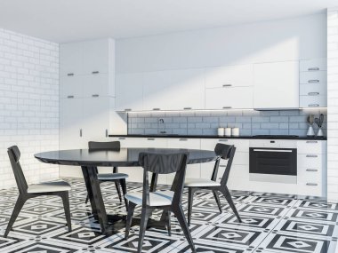 Modern mutfak iç beyaz tuğla duvarlar, kiremitli bir zemin ve beyaz mutfak tezgahı ve dolaplar. Yuvarlak masa sandalye ile. Yan görüntülemek 3d render sahte