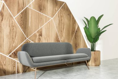 Beyaz ve ahşap geometrik duvar bir beton zemin, bir sehpa yanında duran bir gri kanepe oturma odası iç desen ve tencereye bitki. Yan görüntülemek 3d render sahte