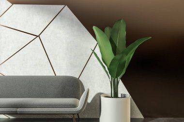 Beyaz ve kahverengi geometrik duvar bir beton zemin, bir sehpa yanında duran bir gri kanepe oturma odası iç desen ve tencereye bitki. Önden görünüm 3d render alay