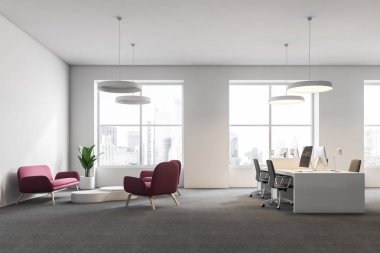 Beyaz ofis köşede kat, beyaz tavan lambaları ve sütunlar ve satırlar beyaz bilgisayar masalarının gri halı ile. Pembe kanepe bekleme odası soldaki. 3D render alay