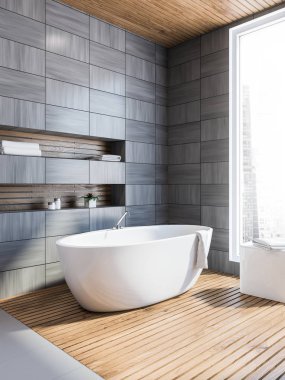 Modern gri ahşap duvar banyo köşe gri zemin ile beyaz bir küvet ve niş duvarında döşenir. SCANDI tarzı. 3D render alay