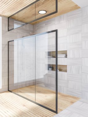 Banyo Köşe Beyaz ahşap duvarlar ve zemin ve bir cam duvar duş kabini ile. Havlu ve şampuan 3d render ile raflar