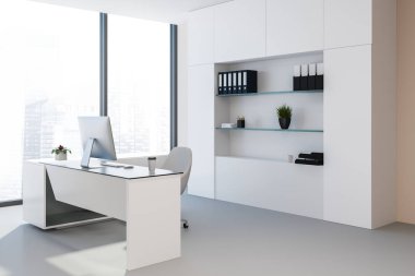 Şeftali duvarlar, beton zemin, panoramik pencerelere ve büyük bilgisayar masası Yöneticisi office köşe. 3D render