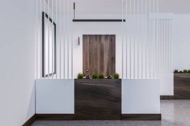 Boş otel veya iş merkezi koridor ile kapalı ahşap kapılar, beyaz duvarlar ve beton zemin. Bahçenizi. 3D render alay