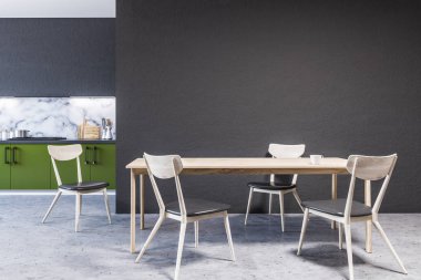 Büyük pencereler, bir beton zemin ve ile yeşil mutfak tezgahı ile modern mermer duvar mutfak iç aletleri inşa. Ahşap masa sandalye ile. 3D render sahte duvar