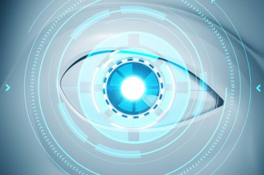 Gerçekçi robot göz beyaz robot suratı bir kamera ile. Kavram Merhaba tech, yüz tanıma ve makine ayaklanması. HUD. 3D render sahte kadar çift tonlu görüntü pozlaması