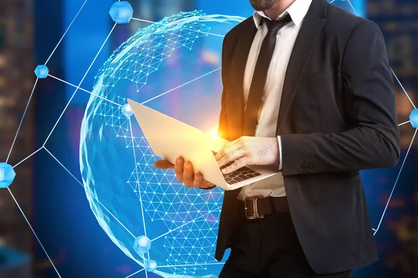 Unrecognizable Businessman Holding Laptop Standing Global Interface Network Hologram Night — Stock Photo, Image