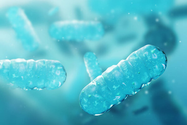 Abstract blue bacterium over blurred blue bacteria background. Concept of medicine, healthcare and science. 3d rendering mock up