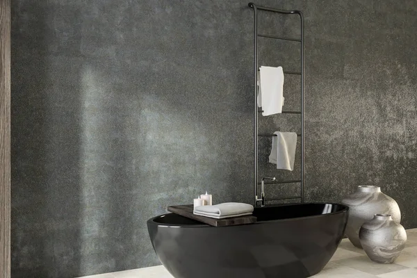 Beton duvar banyo iç kiremitli kat, siyah küvet ve vazo ile. Bir havlu askısı. 3D render alay