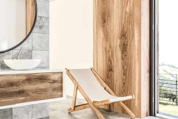White sink on wood counter with a round mirror hanging above it in a luxury marble and wooden wall bathroom interior. Spa Hotel. Deck chair 3d rendering