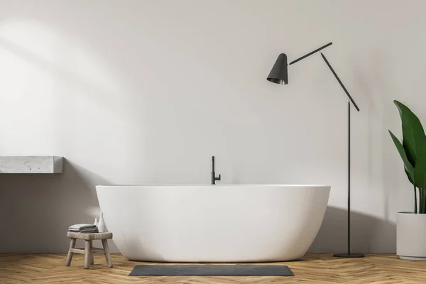 白色墙壁浴室内有木地板 白色浴缸 和一盏落地灯 旁边的植物 渲染模拟 — 图库照片