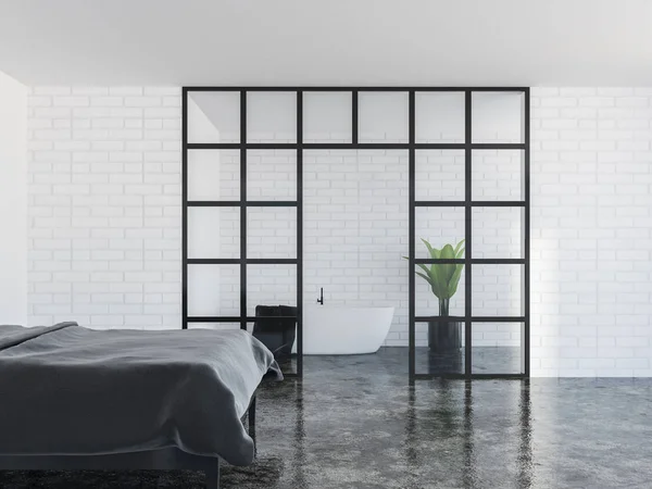 Beyaz Duvarları Siyah Bir Mermer Zemin Gri Ana Yatak Bir — Stok fotoğraf