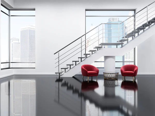 阁楼现代办公室等候区 白色的墙壁 玻璃黑色地板 楼梯和两个柔软的红色扶手椅站在咖啡桌旁 豪华客厅内饰 渲染模拟 — 图库照片