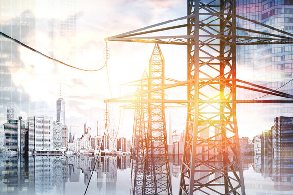 Many high voltage steel power line supports over a sky with clouds and sun. 3d rendering, mock up toned image. Double exposure of a city
