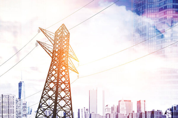 Single high voltage steel power line support over a blue sky with many clouds. Low angle. 3d rendering, mock up toned image. Double exposure of a city