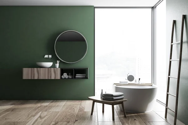 Moderno Baño Pared Verde Interior Con Suelo Madera Ventana Del — Foto de Stock