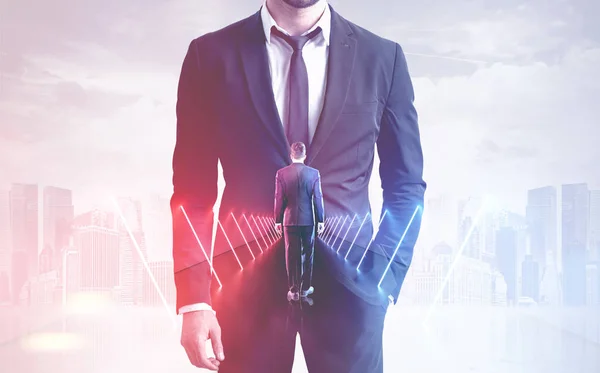 Unrecognizable Businessman Looking Camera Wlking Long Tunnel Neon Lights Him — Stock Photo, Image