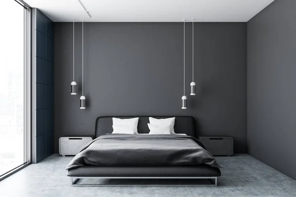 灰色のタイル壁 コンクリートの床 灰色のマスター ベッド パノラマ ビューの窓とモダンな寝室のインテリア レンダリングをモックアップします — ストック写真