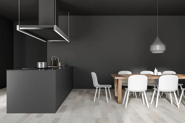 Interior Cocina Pared Gris Con Suelo Madera Armarios Encimeras Grises — Foto de Stock