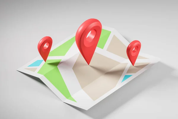 示意图明亮的地图与三大红色指针显示的路线和目的地点 导航的概念 找到你的目标和 Gps 渲染模拟 — 图库照片