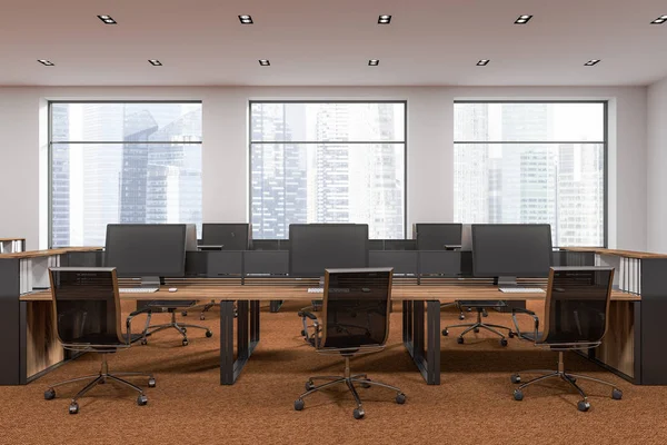 Open space office of a modern company with white walls, panoramic windows, brown carpet and rows of wooden computer tables. 3d rendering mock up