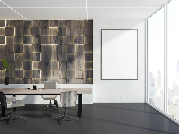 Innenraum Des Managerbüros Mit Weißen Wänden Originalen Holzwandlampen Einem Tisch — Stockfoto