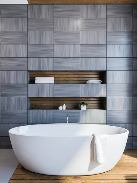 Moderno Bagno Legno Rivestito Piastrelle Grigie Con Pavimento Grigio Una — Foto Stock