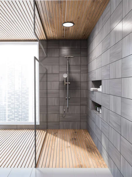 Moderno Bagno Piastrellato Legno Grigio Con Pavimento Grigio Una Cabina — Foto Stock