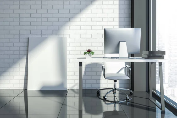 Manager Office Interior White Brick Walls Gray Floor Wooden Computer — Stock Photo, Image