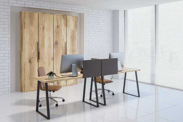 White brick Scandinavian style office workplace corner with a tiled floor and computer tables. A wooden bookcase near the wall. 3d rendering mock up