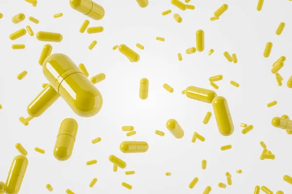 明るい黄色錠剤の白い背景の上に落ちる 薬物中毒 科学の概念 レンダリングをモックアップします — ストック写真