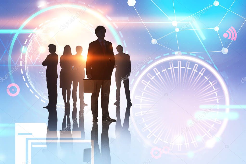 Silhouettes of diverse business team members standing over an immersive interface background with infographics and hud. Toned image double exposure mock up