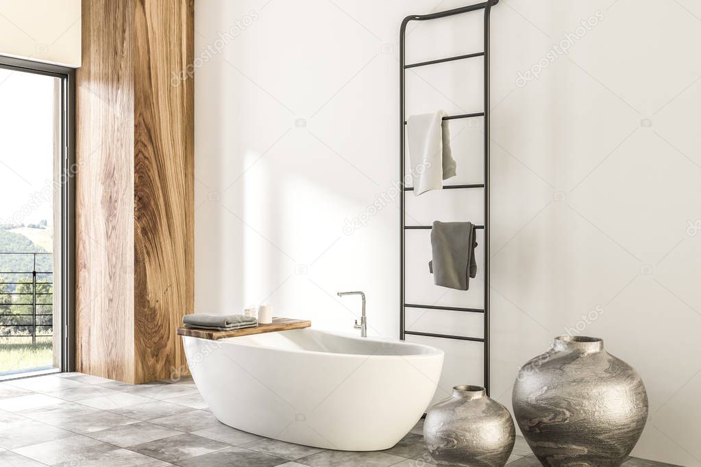 White and wood wall bathroom interior with tiled floor, panoramic window, white bathtub, and vases. 3d rendering mock up