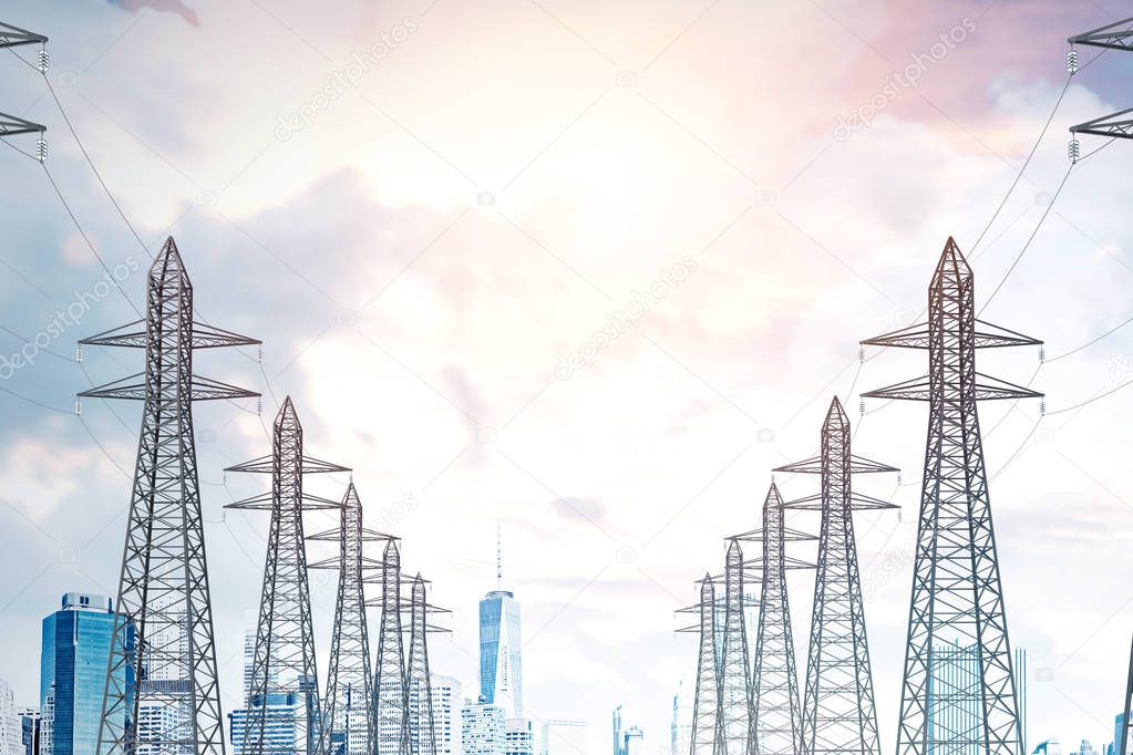 Row of high voltage steel power line supports over a sky with many clouds. Modern cityscape background. 3d rendering mock up