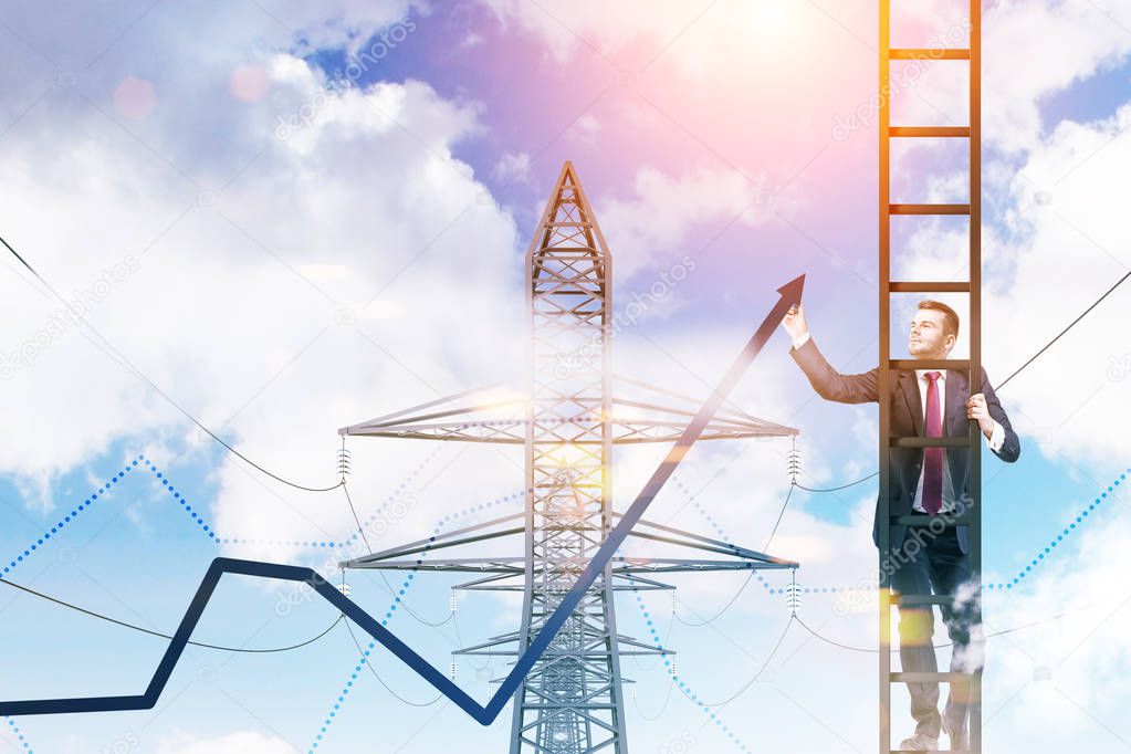 Businessman standing on a ladder drawing a growing graph in the sky. Power line supports background. 3d rendering mock up toned image