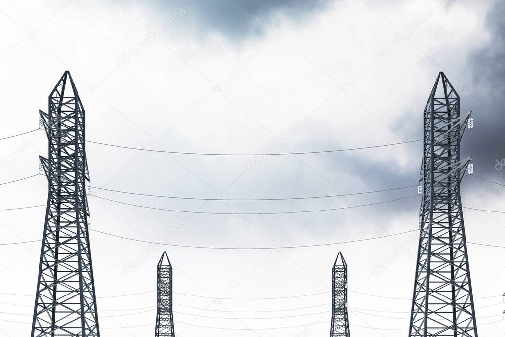Row of high voltage steel power line supports over a blue sky with many clouds. Side view. 3d rendering mock up
