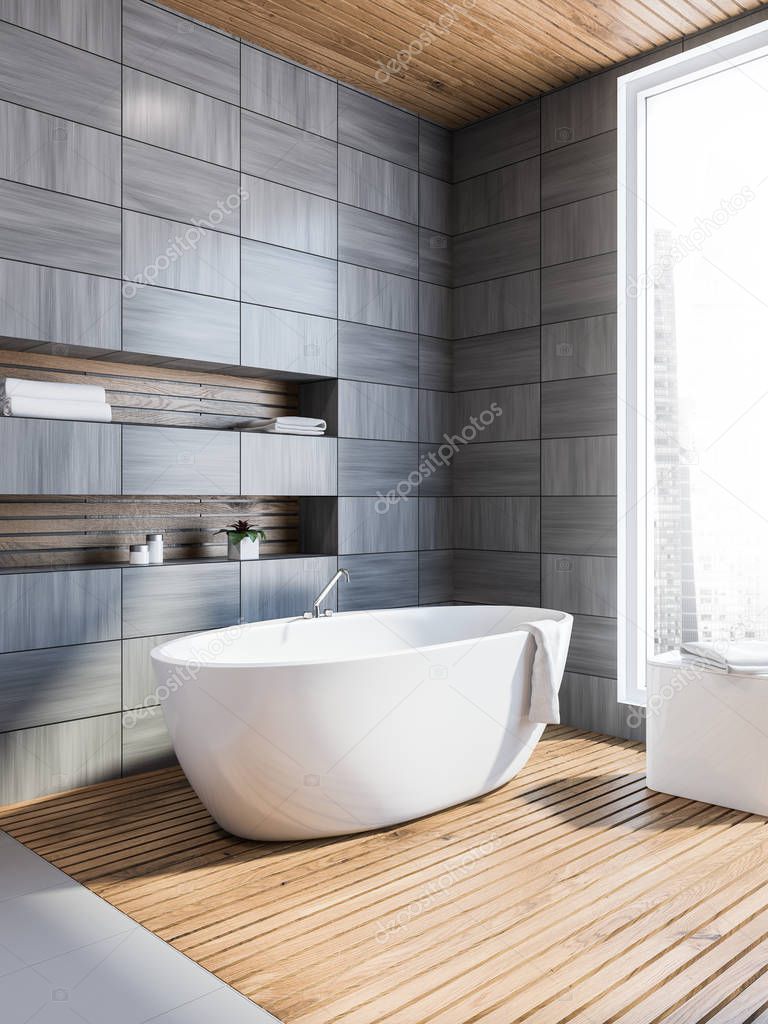 Modern gray wooden tiled wall bathroom corner with gray floor, a white bathtub and niches in the wall. Scandi style. 3d rendering mock up