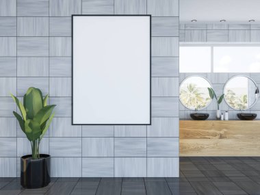 İki ahşap sayaçta siyah çift lavabo yuvarlak ayna üstünde bir lüks gri Ahşap kiremit banyo iç asılı. Lüks yaşam tarzı ve spa. Otel. 3D render dikey sahte kadar poster çerçevesi