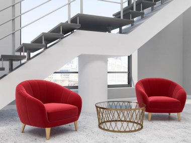 Modern ofis bekleme odası beyaz duvarlı, beton zemin, bir merdiven ve iki yumuşak kırmızı koltuk sehpa yanında duran çatı. Lüks salon iç. 3D render alay