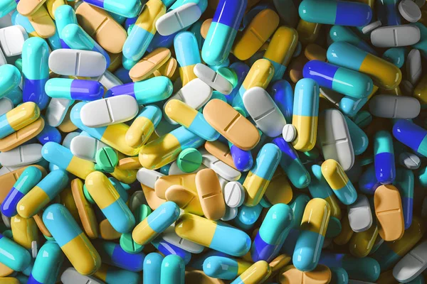 Glossy Colourful Types Pills Lying Flat Surface Top View Concept — Stock Photo, Image