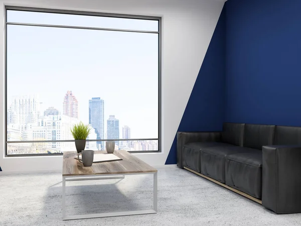 Loft modern office waiting area with white and blue walls, a concrete floor, and a black sofa standing next to a coffee table. Luxury living room interior. 3d rendering mock up
