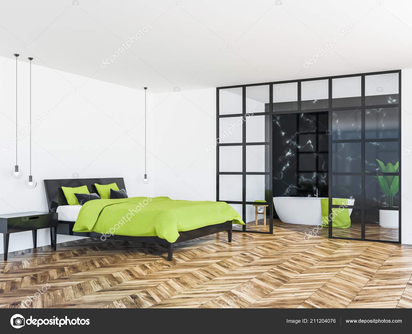 Modern Bedroom Corner White Walls Wooden Floor Bright Green