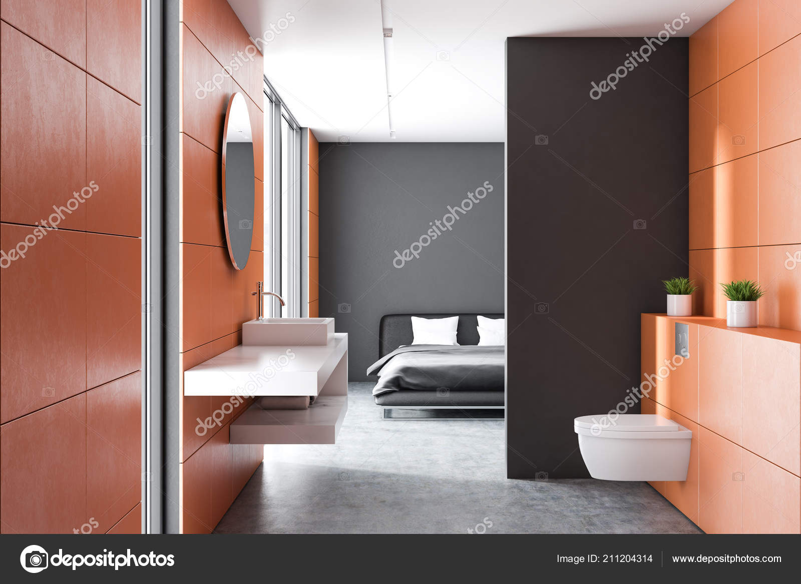 Modern Orange Wall Bathroom Interior Concrete Floor White Sink Toilet —  Stock Photo © denisismagilov #211204314, image size:1600x1167