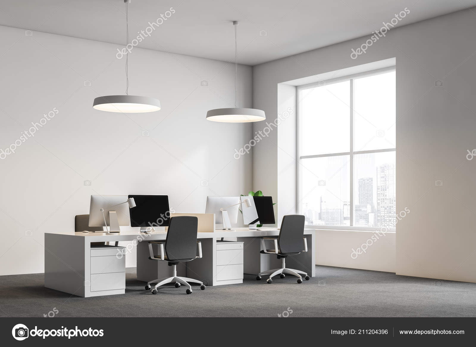 White Office Corner Gray Carpet Floor White Ceiling Lamps