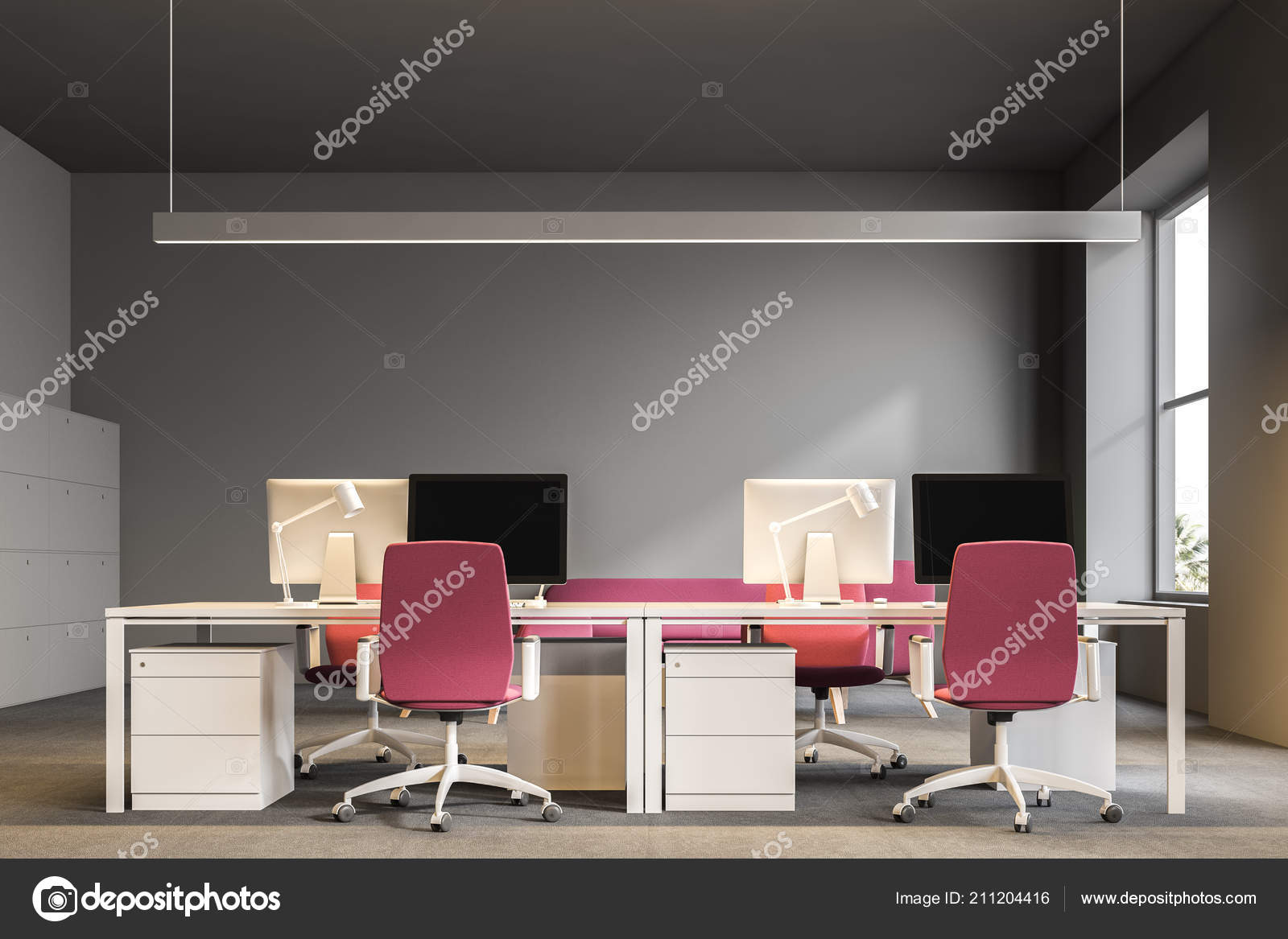 Open Plan Office Corner Gray Walls Carpet Floor White Computer