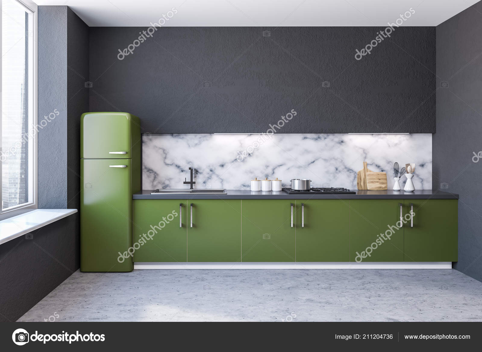 Modern Marble Wall Kitchen Interior Large Windows Concrete