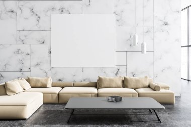 Modern oturma odası iç beyaz mermer duvarlar, beton zemin ve bej kanepe üstünde asılı bir poster ile. 3D render alay