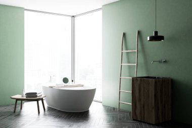 Ahşap zemin, çatı penceresi, merdiven, ahşap lavabo ve küvet modern yeşil duvar banyo köşesi. Spa, otel ve lüks emlak. 3D render alay