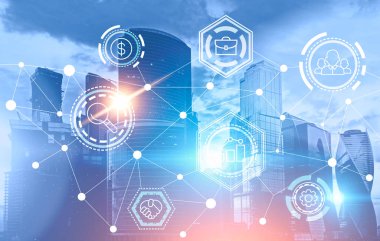 İş ağ simgeleri mavi cityscape arka plan üzerinde. Sürükleyici arayüzü ve küresel ağ. Tonlu görüntü pozlama sahte katlayın