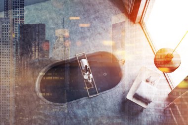 Özgün minimalist banyo iç bir beton zemin, dahili görünümünü küvet ve panoramik pencere top. 3D render sahte tonlu görüntü çift pozlama şehir kadar